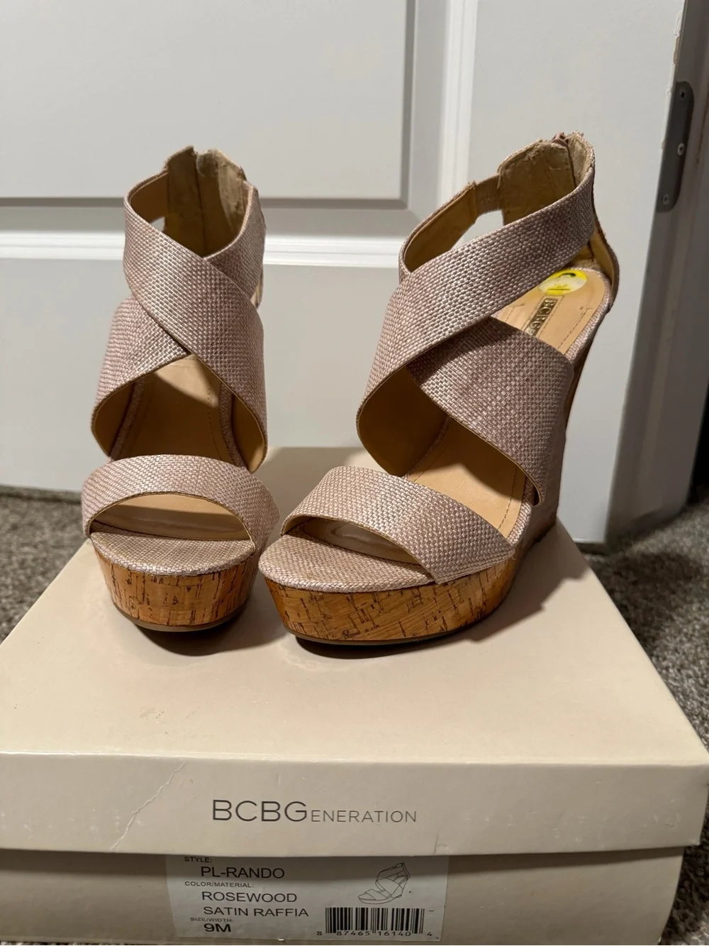 BCBGeneration Rosewood Cross-Strap Raffia Cork Wedge Sandals